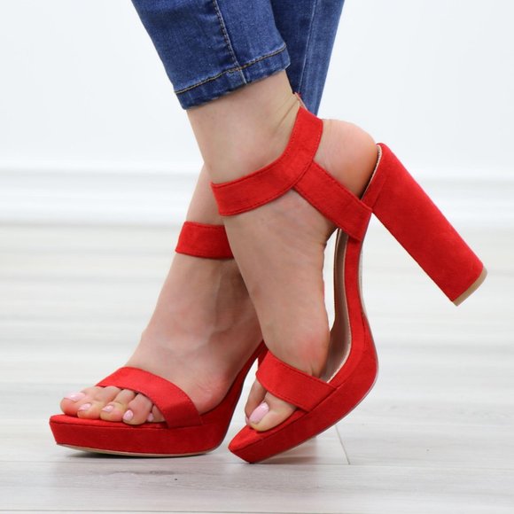 Faux Suede Red Platform Open Pointy Toe High Heels - Picture 8 of 14